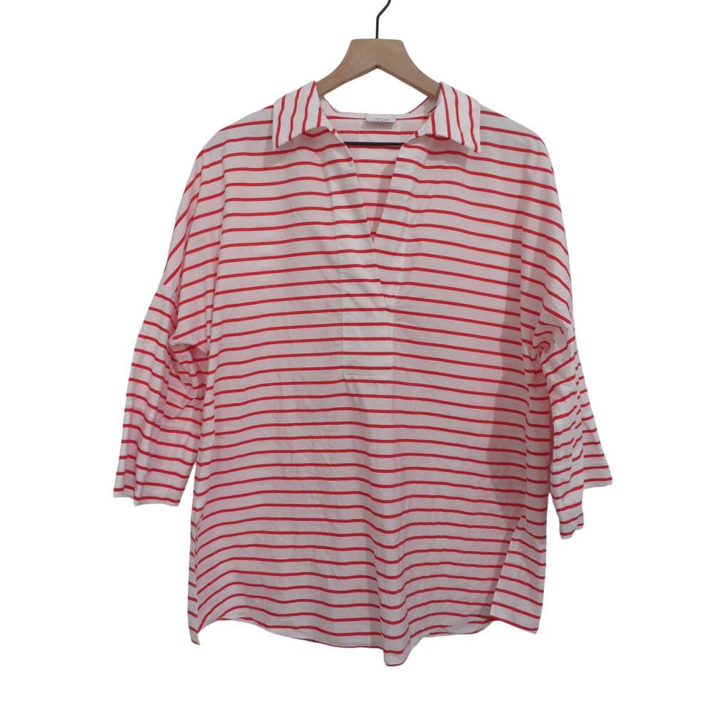 Akris Punto Women Sz 14 Red White Striped Cotton Split Placket Shirt Preppy